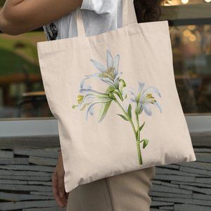 Washington Lily Vintage Watercolor Floral Print Graphic Canvas Tote Bag